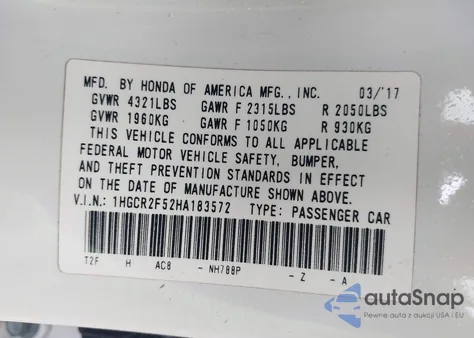 2017 Honda Accord Sport from USA, damaged, VIN 1HGCR2F52HA183572